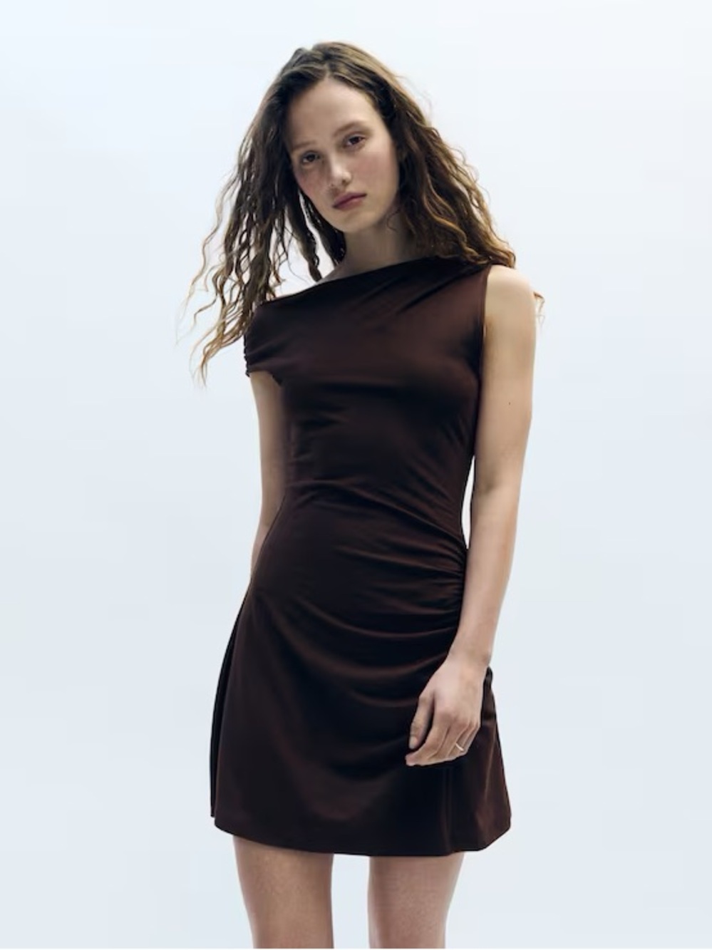 NWT H&M Medium Dark Brown Gathered One Shoulder Dress Asymmetric Drape Ruched